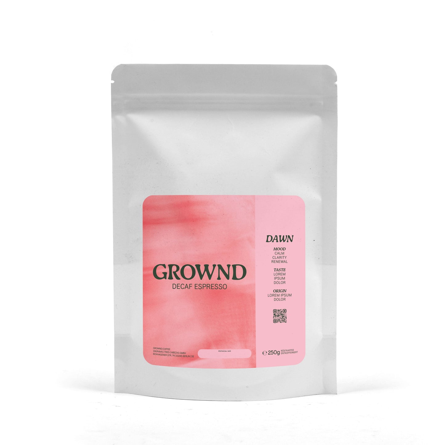 Coffee package with pink label and 'GROWND' branding on a white background