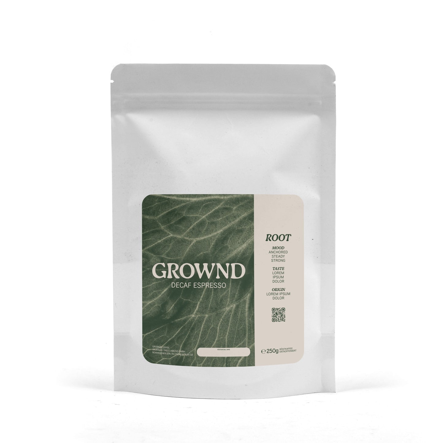 Coffee package labeled 'GROWND' with a leaf design on a white background